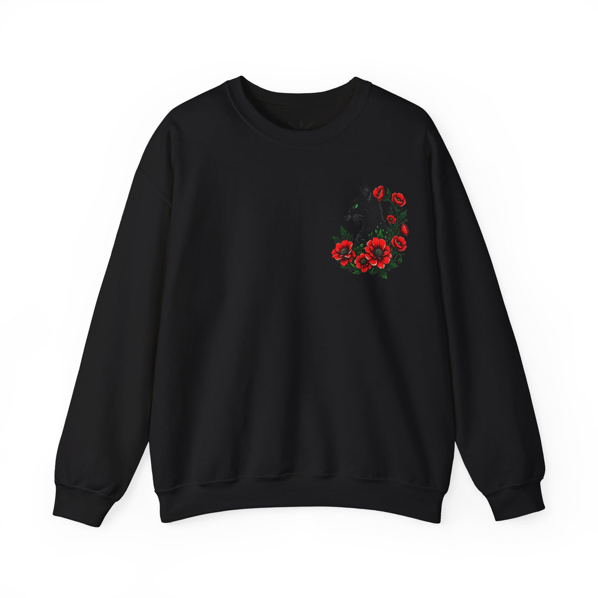 ORVIAN — Black Cat & Red Poppies Floral Crewneck, Elegant Nature Unisex Heavy Blend