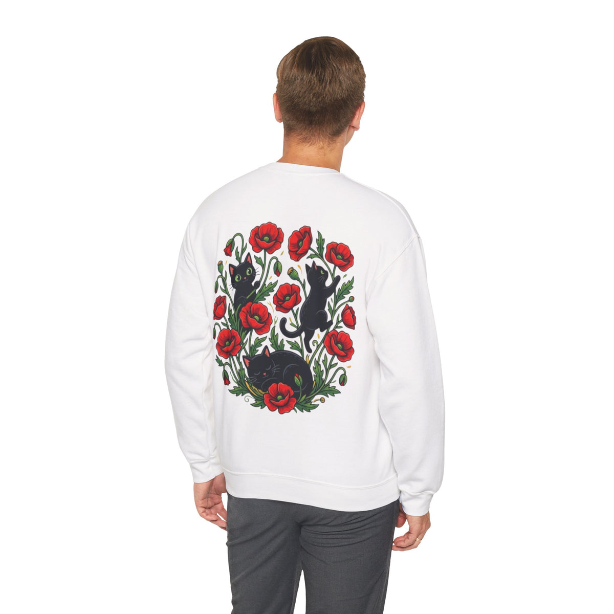 ORVIAN — Black Cat & Red Poppies Floral Crewneck, Elegant Nature Unisex Heavy Blend