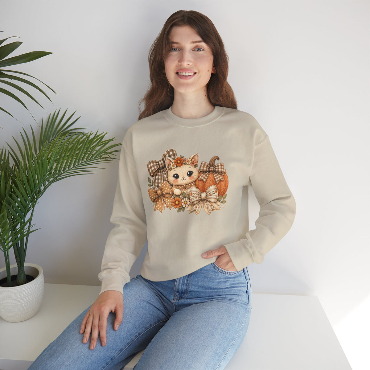 ORVIAN — Fall Kitten & Coquette Ghost Crewneck, Gingham Pumpkin Autumn Unisex Heavy Blend
