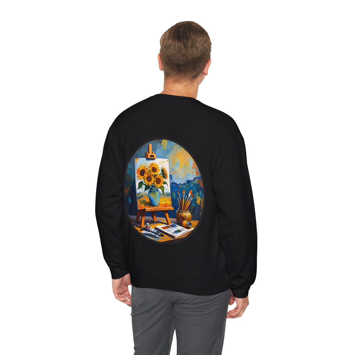 ORVIAN — Van Gogh Starry Night Sunflower & Artist Easel Crewneck, Art-Inspired Sweatshirt