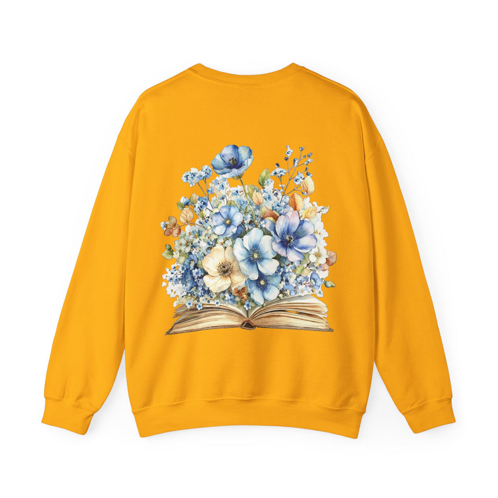 ORVIAN — Blue Watercolor Floral Book Crewneck, Open Book Wildflower Literary Unisex Heavy Blend