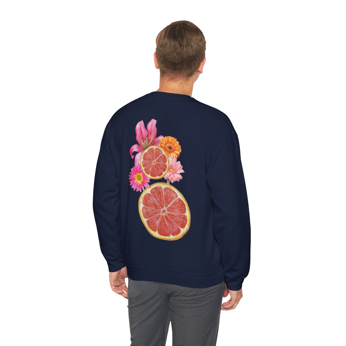 ORVIAN — Tropical Citrus & Pink Floral Crewneck, Grapefruit Orange Watercolor Unisex Heavy Blend
