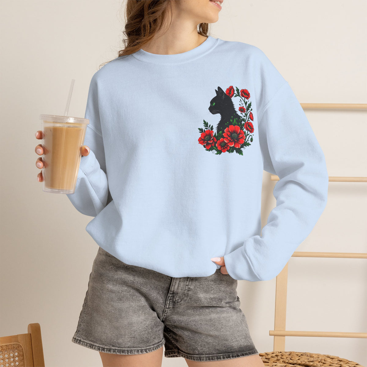 ORVIAN — Black Cat & Red Poppies Floral Crewneck, Elegant Nature Unisex Heavy Blend