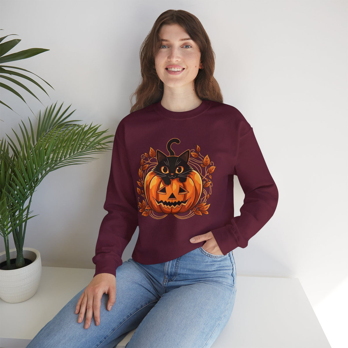 ORVIAN — Black Cat & Pumpkin Halloween Crewneck, Ghost & Coquette Bow Unisex Heavy Blend