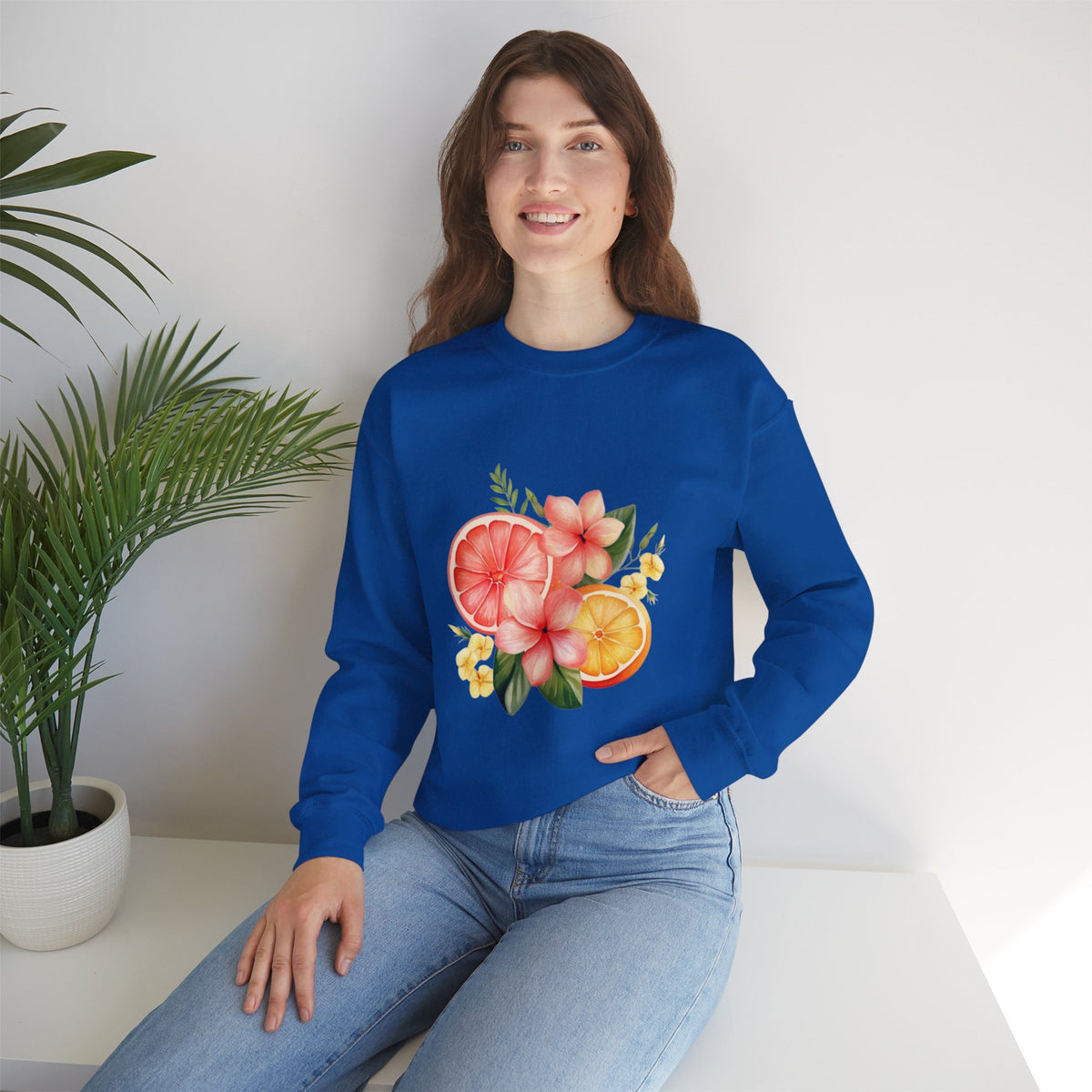 ORVIAN — Tropical Citrus & Pink Floral Crewneck, Grapefruit Orange Watercolor Unisex Heavy Blend
