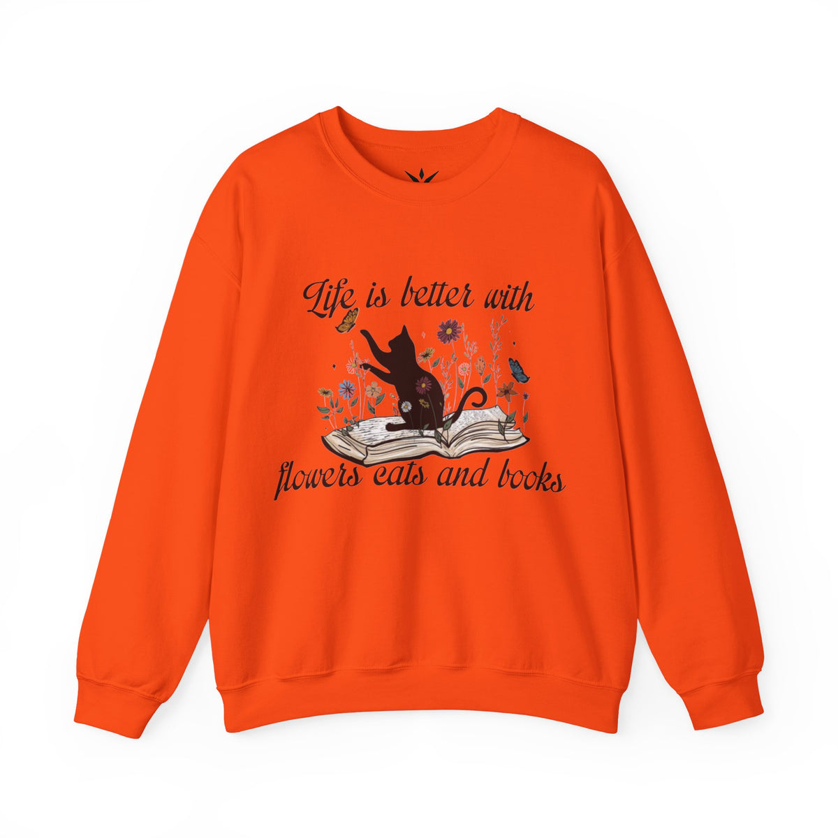 ORVIAN — Life Is Better With Flowers, Cats & Books Crewneck, Black Cat Book Stack Unisex
