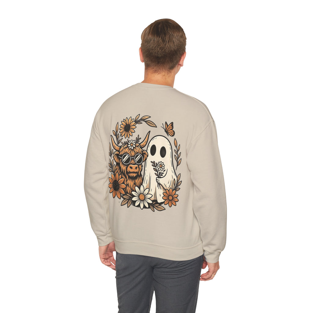 ORVIAN — Highland Cow & Cute Ghost Western Floral Crewneck, Spooky Unisex Sweatshirt