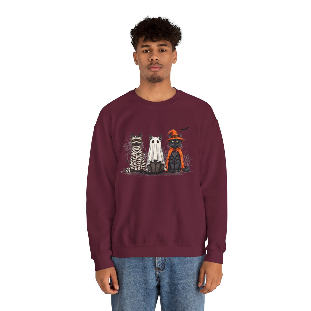 ORVIAN — Halloween Cats & Ghosts Crewneck, Spooky Cute Black Cat Unisex Sweatshirt