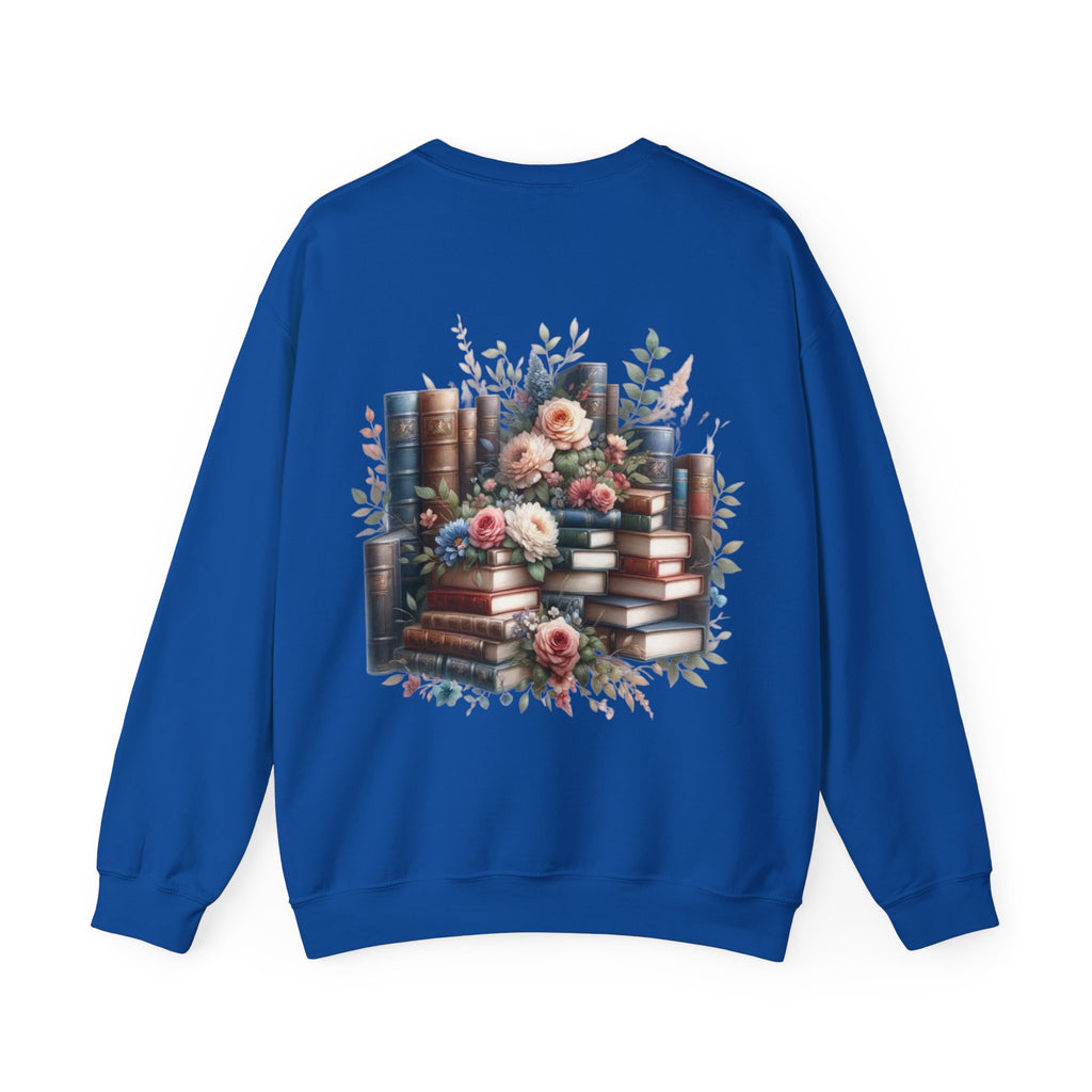 ORVIAN — Blue Watercolor Floral Book Crewneck, Open Book Wildflower Literary Unisex Heavy Blend