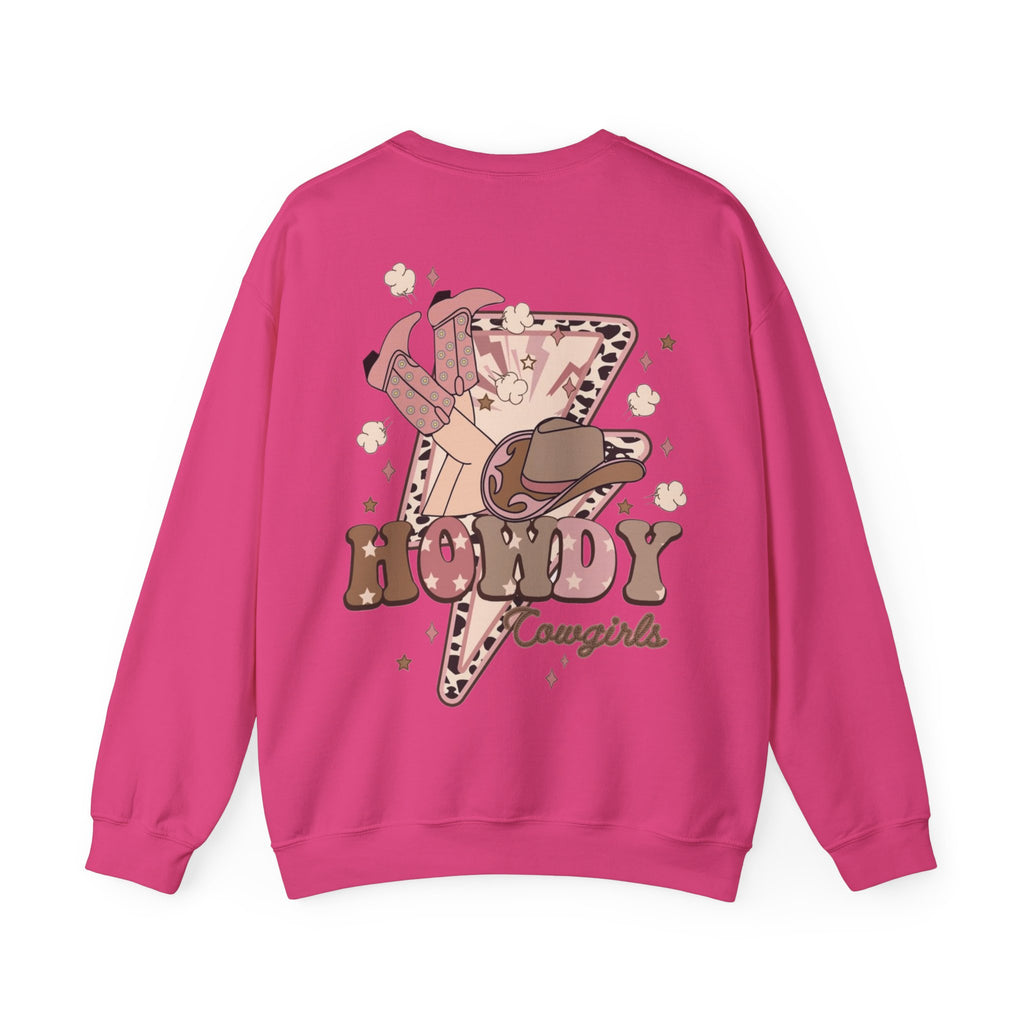 ORVIAN — Howdy Cowgirls Western Crewneck, Leopard Lightning Bolt & Cowgirl Boots Unisex Heavy Blend