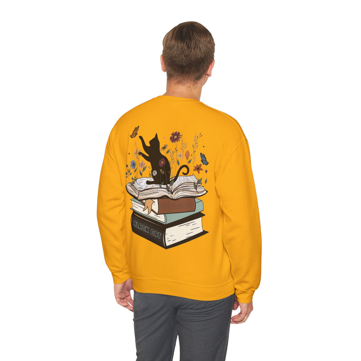 ORVIAN — Life Is Better With Flowers, Cats & Books Crewneck, Black Cat Book Stack Unisex