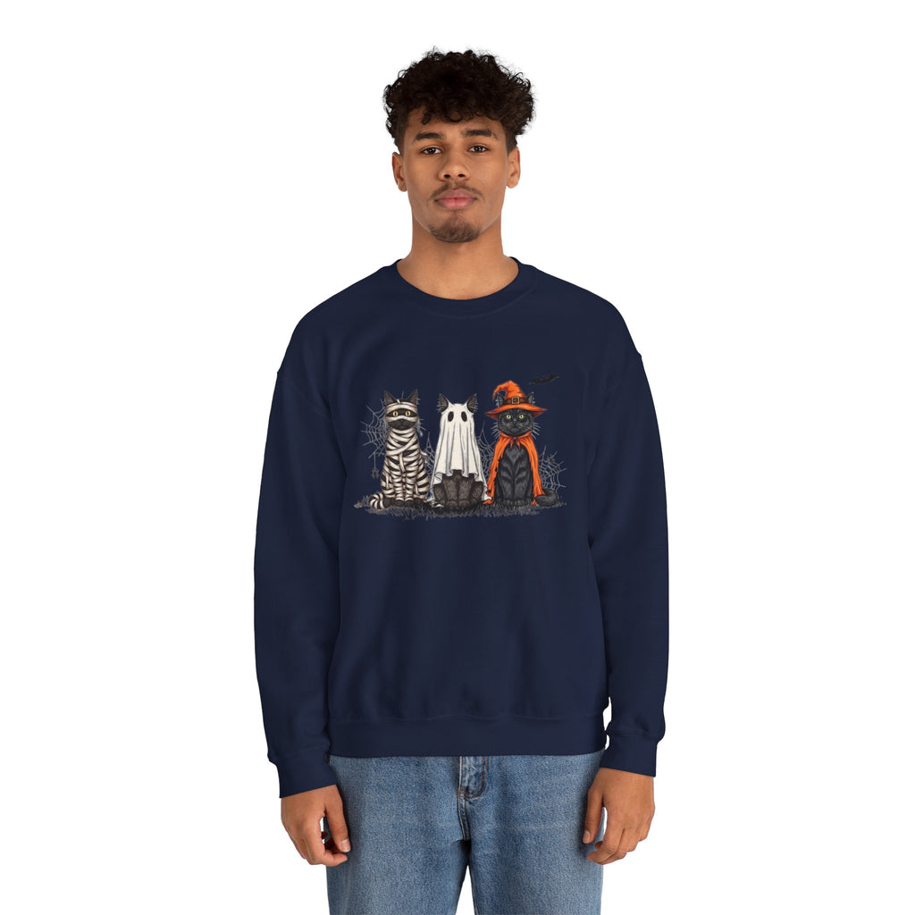 ORVIAN — Halloween Cats & Ghosts Crewneck, Spooky Cute Black Cat Unisex Sweatshirt