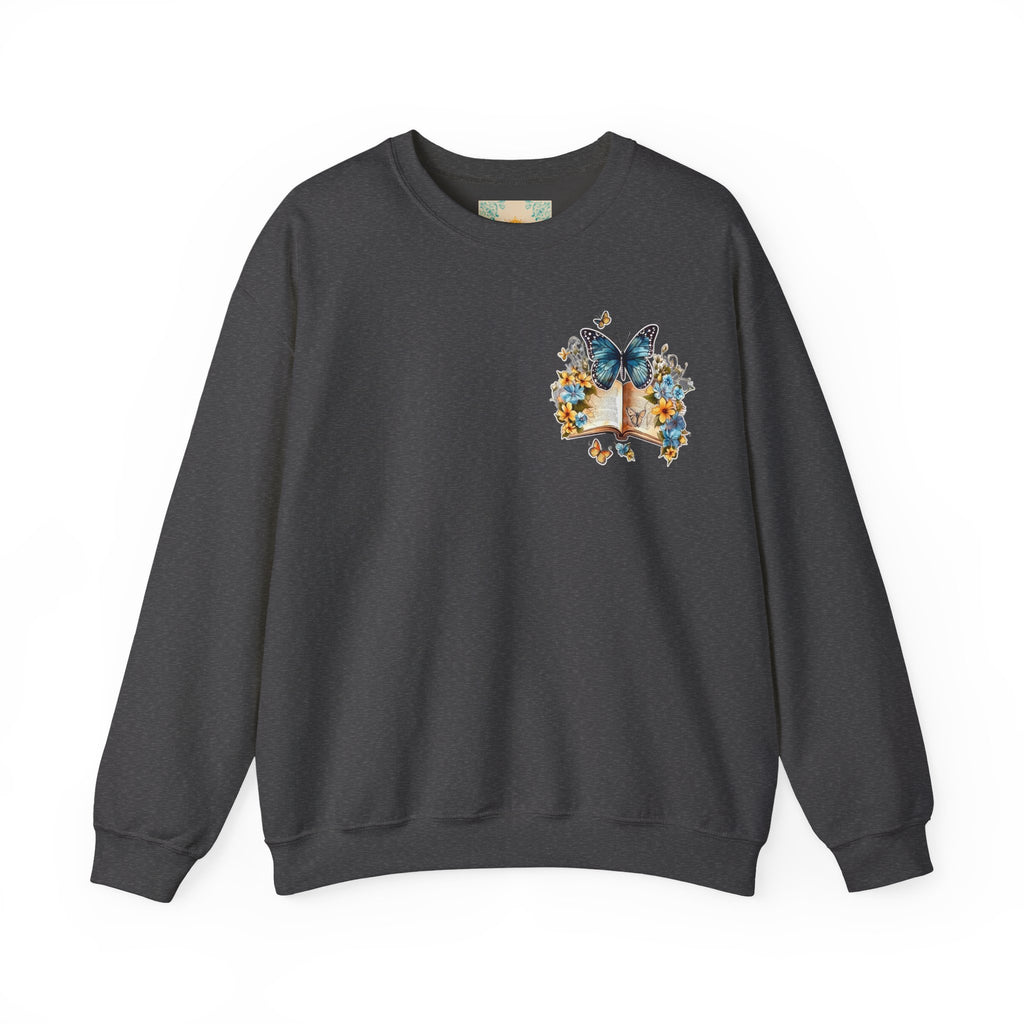 ORVIAN — Watercolor Floral Book & Butterfly Crewneck, Literary Nature Unisex Heavy Blend