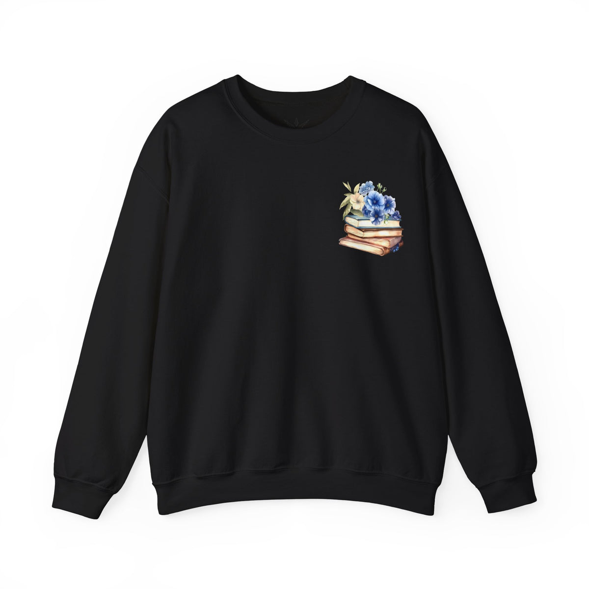 ORVIAN — Blue Watercolor Floral Book Crewneck, Open Book Wildflower Literary Unisex Heavy Blend