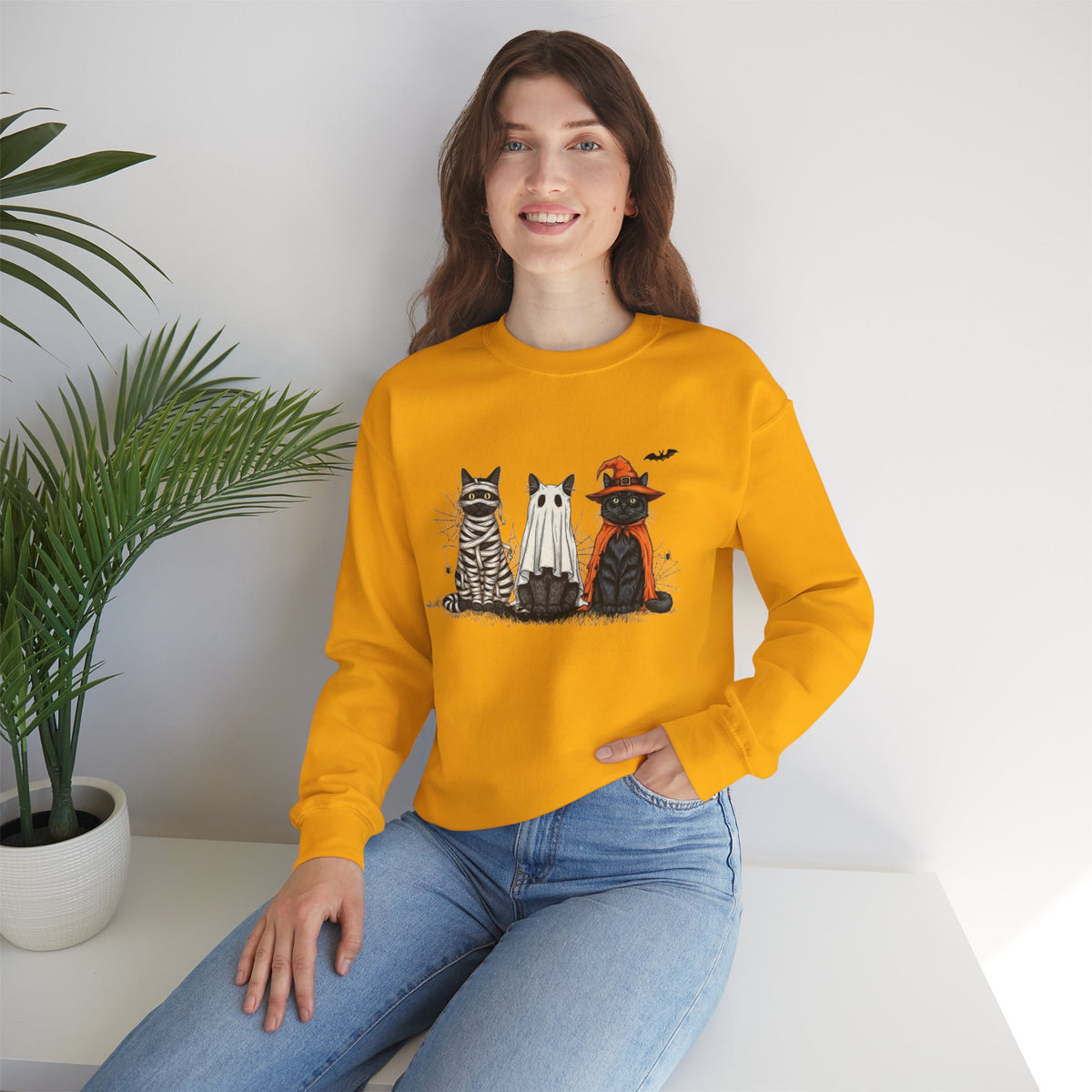 ORVIAN — Halloween Cats & Ghosts Crewneck, Spooky Cute Black Cat Unisex Sweatshirt