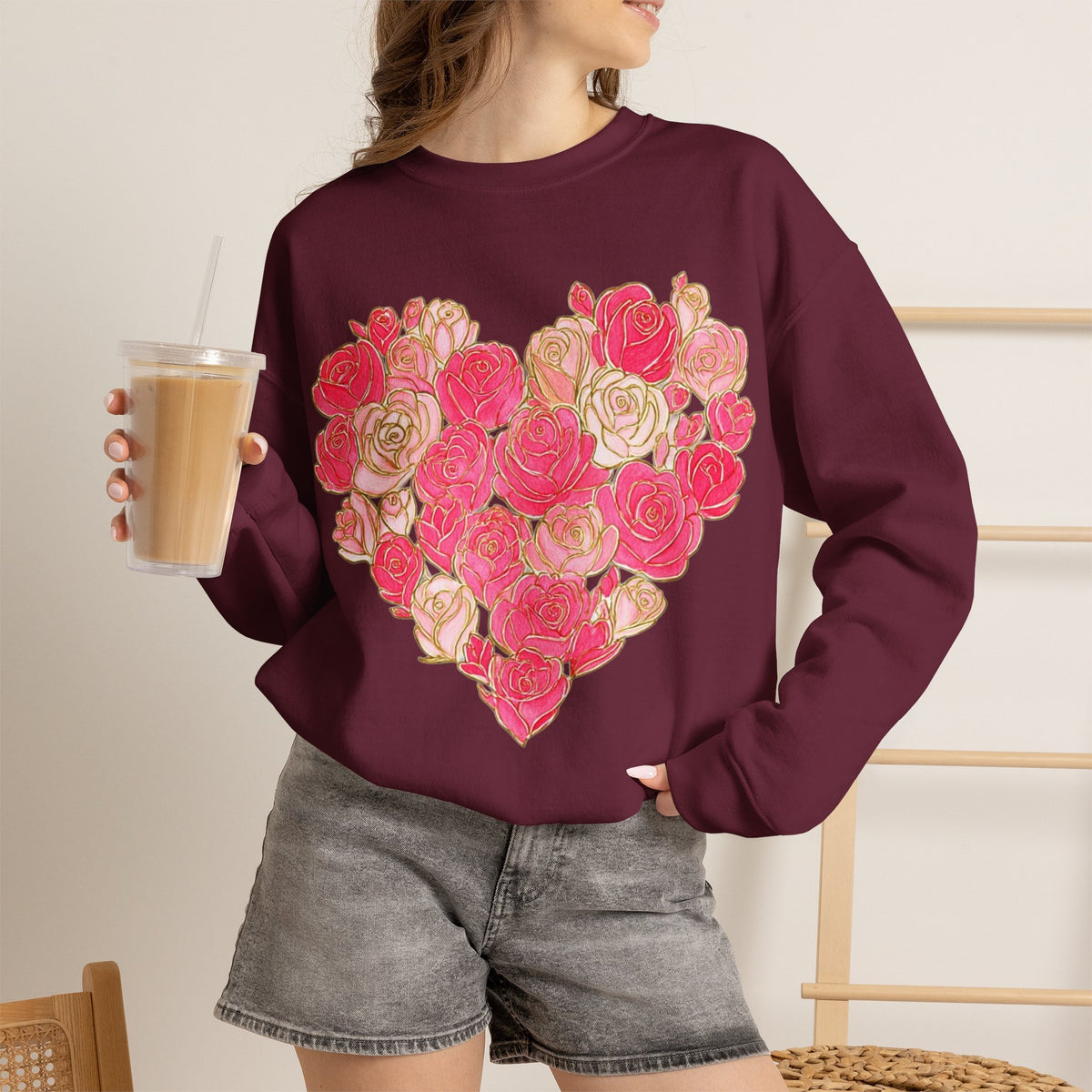 ORVIAN — Floral Rose Heart Crewneck, Romantic Pink Flower Valentine Sweatshirt, Unisex Heavy Blend