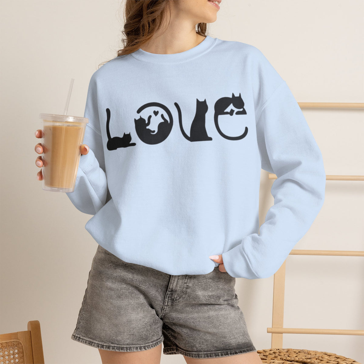 ORVIAN — LOVE Cat Silhouette & Heart-Shaped Cats Crewneck, Cat Lover Unisex Heavy Blend