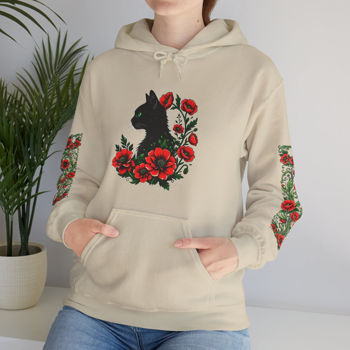 ORVIAN — Black Cat & Red Poppies Unisex Heavy Blend Hoodie