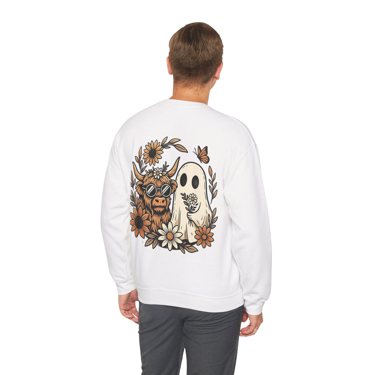 ORVIAN — Highland Cow & Cute Ghost Western Floral Crewneck, Spooky Unisex Sweatshirt