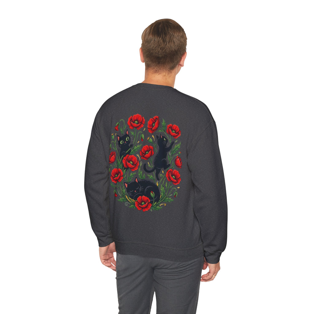 ORVIAN — Black Cat & Red Poppies Floral Crewneck, Elegant Nature Unisex Heavy Blend