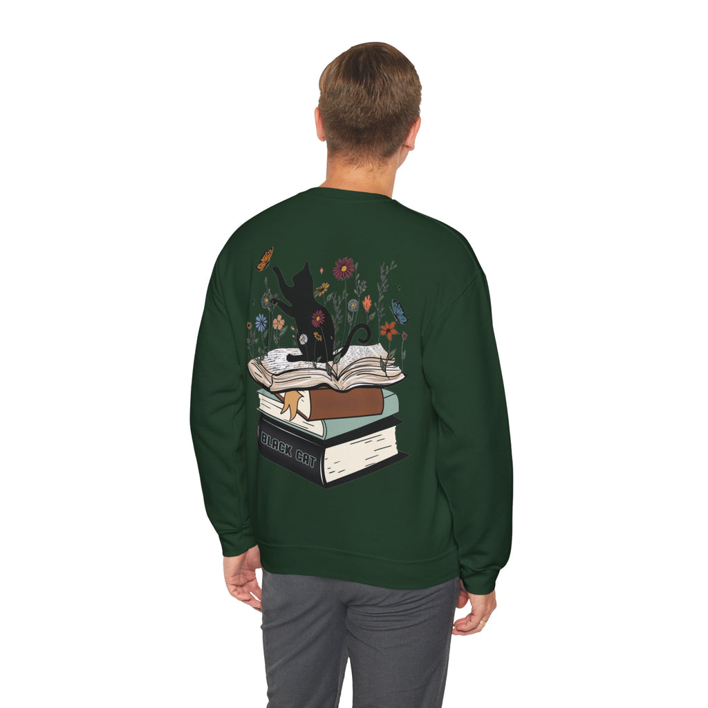 ORVIAN — Life Is Better With Flowers, Cats & Books Crewneck, Black Cat Book Stack Unisex