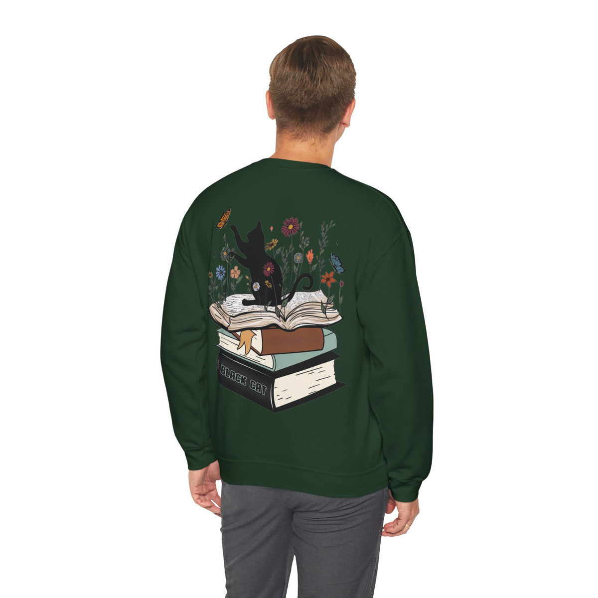 ORVIAN — Life Is Better With Flowers, Cats & Books Crewneck, Black Cat Book Stack Unisex