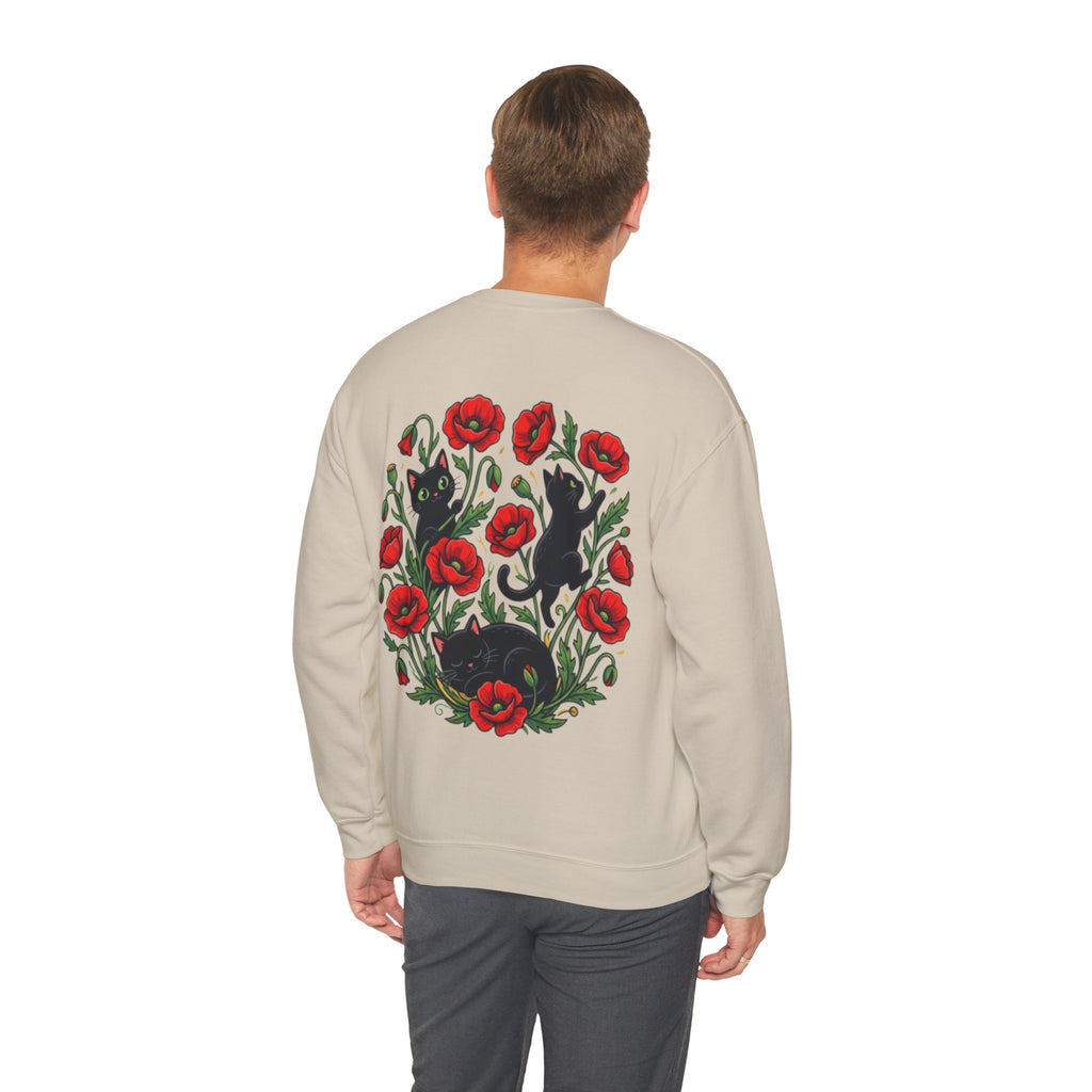 ORVIAN — Black Cat & Red Poppies Floral Crewneck, Elegant Nature Unisex Heavy Blend