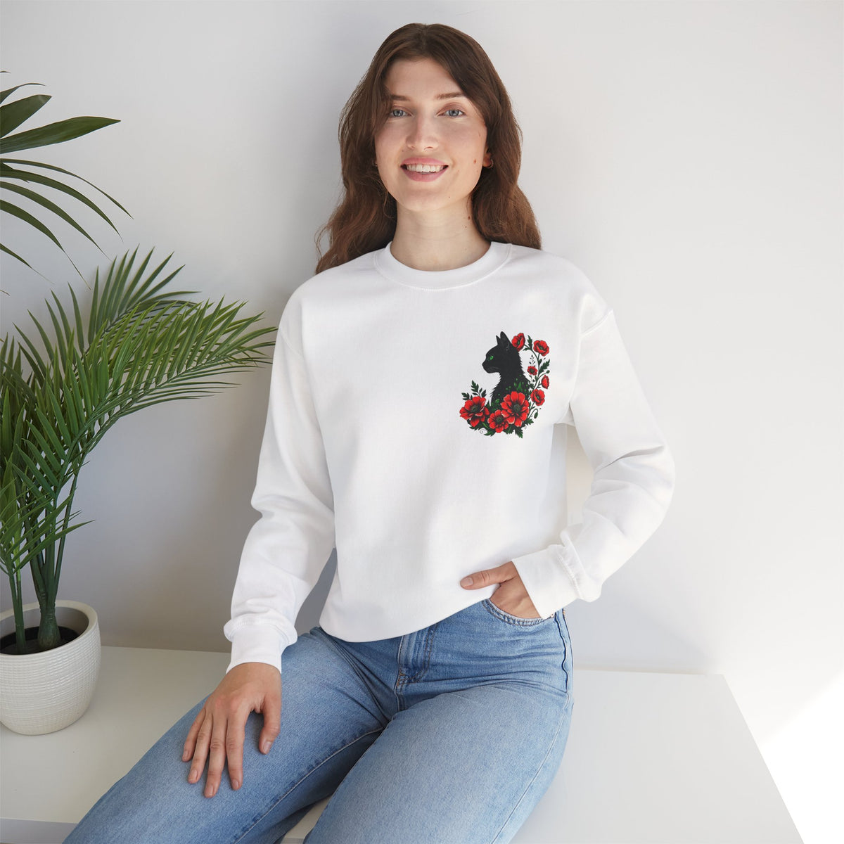 ORVIAN — Black Cat & Red Poppies Floral Crewneck, Elegant Nature Unisex Heavy Blend