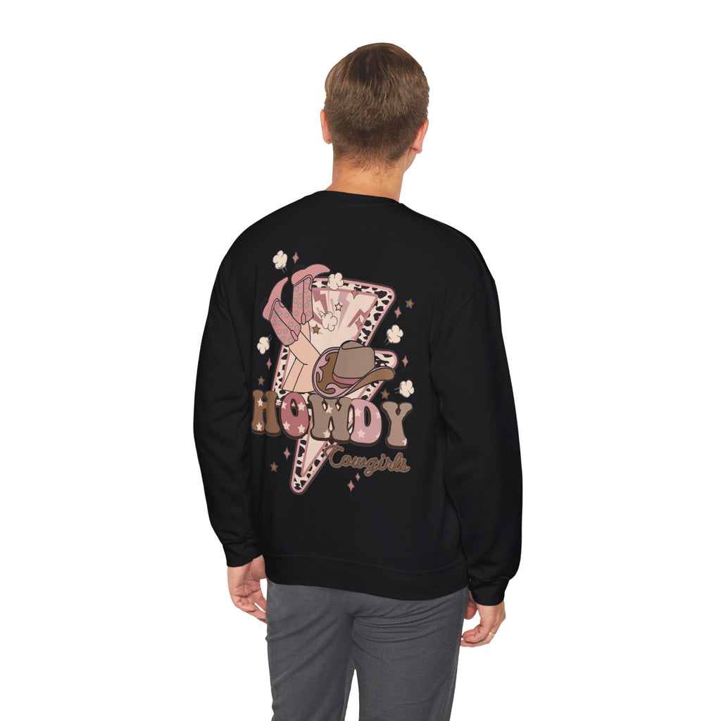ORVIAN — Howdy Cowgirls Western Crewneck, Leopard Lightning Bolt & Cowgirl Boots Unisex Heavy Blend
