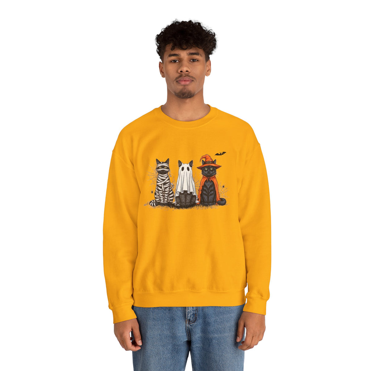 ORVIAN — Halloween Cats & Ghosts Crewneck, Spooky Cute Black Cat Unisex Sweatshirt