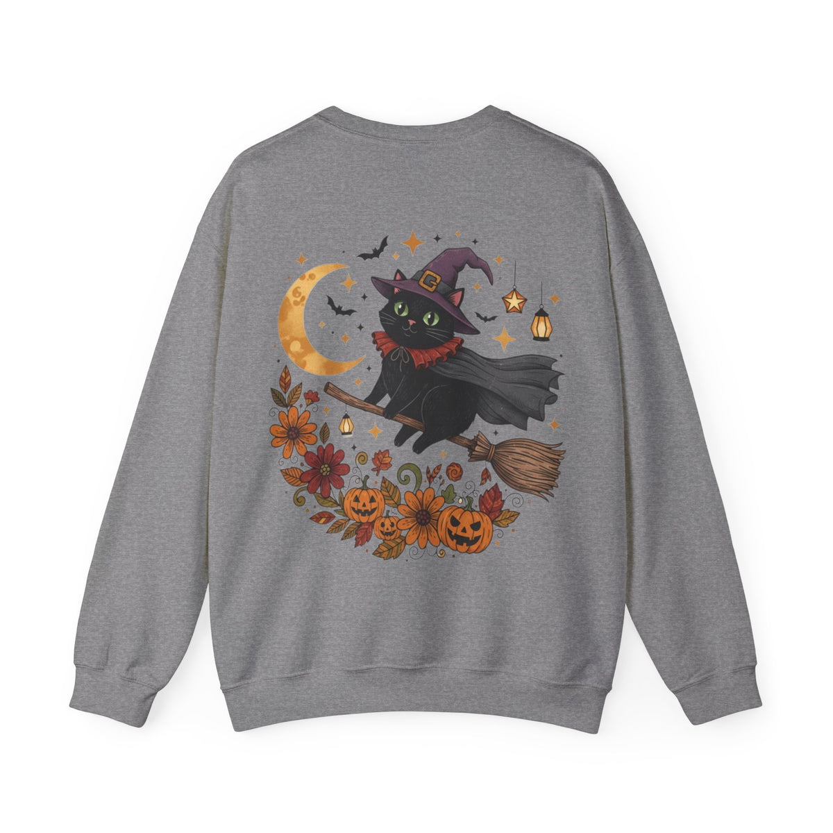 ORVIAN — Witch Cat Halloween Crewneck, Flying Black Cat & Pumpkin Patch Unisex Sweatshirt