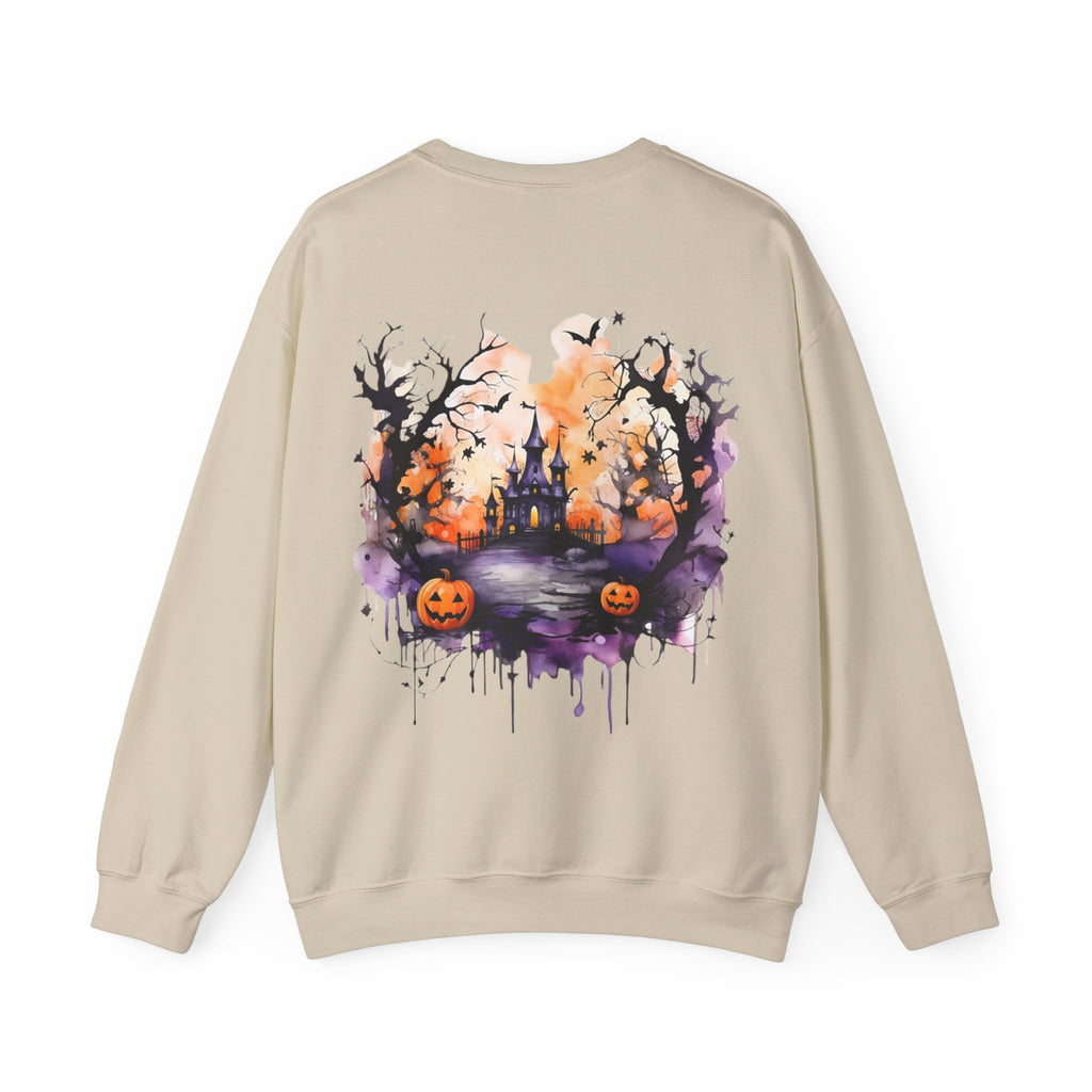 ORVIAN — Watercolor Haunted Castle Halloween Crewneck, Purple Jack-o'-Lantern Unisex Heavy Blend