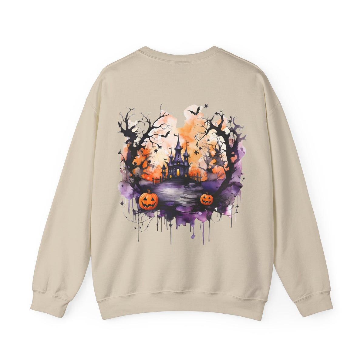 ORVIAN — Watercolor Haunted Castle Halloween Crewneck, Purple Jack-o'-Lantern Unisex Heavy Blend