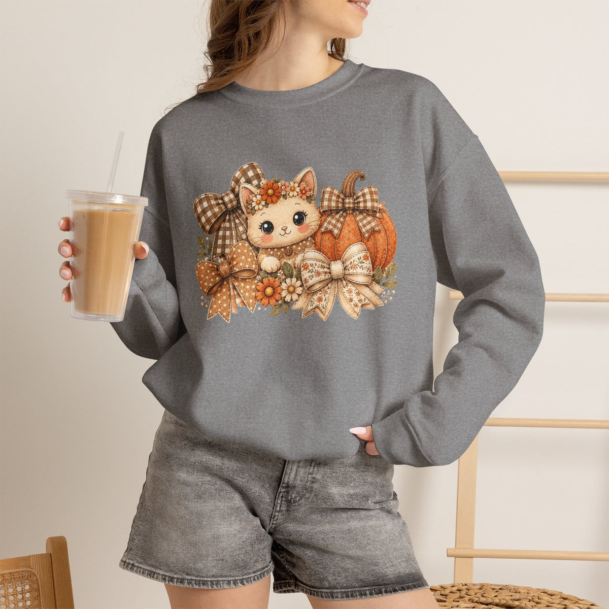 ORVIAN — Fall Kitten & Coquette Ghost Crewneck, Gingham Pumpkin Autumn Unisex Heavy Blend