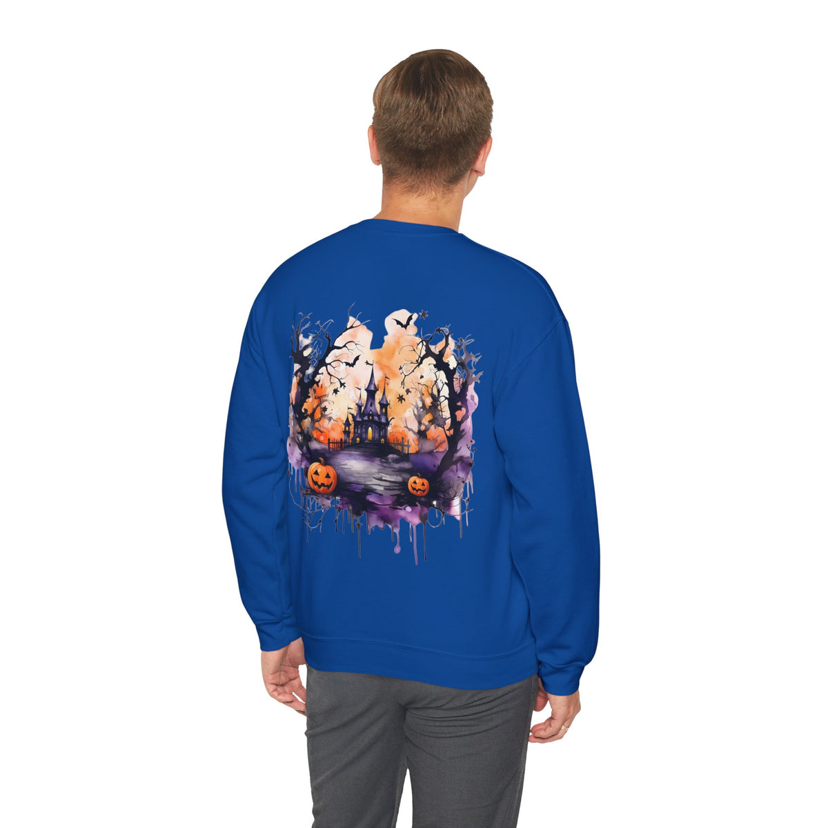 ORVIAN — Watercolor Haunted Castle Halloween Crewneck, Purple Jack-o'-Lantern Unisex Heavy Blend