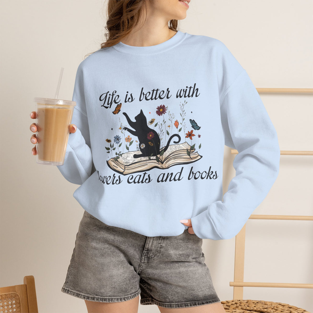 ORVIAN — Life Is Better With Flowers, Cats & Books Crewneck, Black Cat Book Stack Unisex