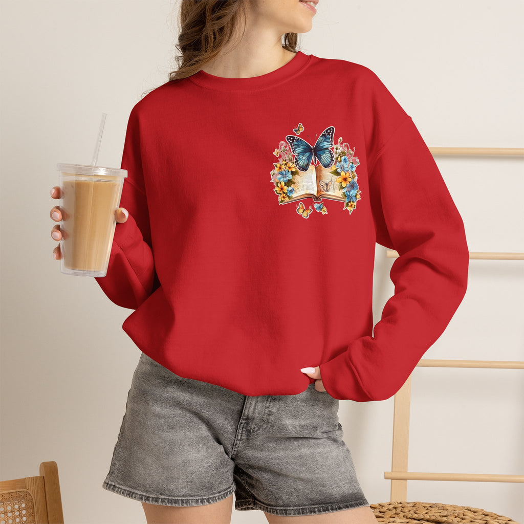 ORVIAN — Watercolor Floral Book & Butterfly Crewneck, Literary Nature Unisex Heavy Blend
