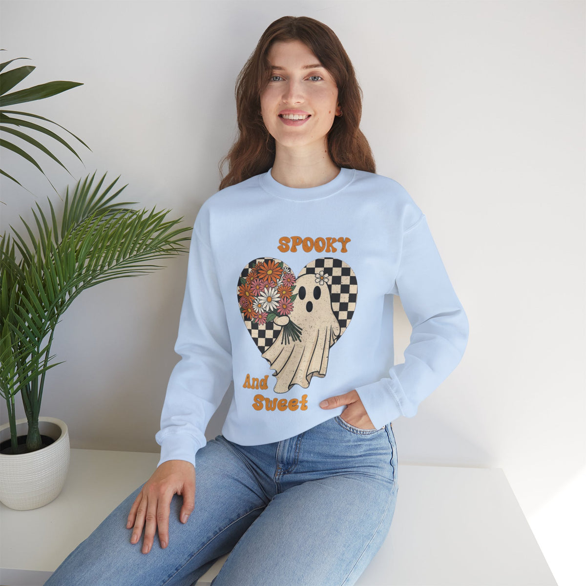 ORVIAN — Spooky & Sweet Ghost Crewneck, Coquette Bow Heart Halloween Unisex Sweatshirt
