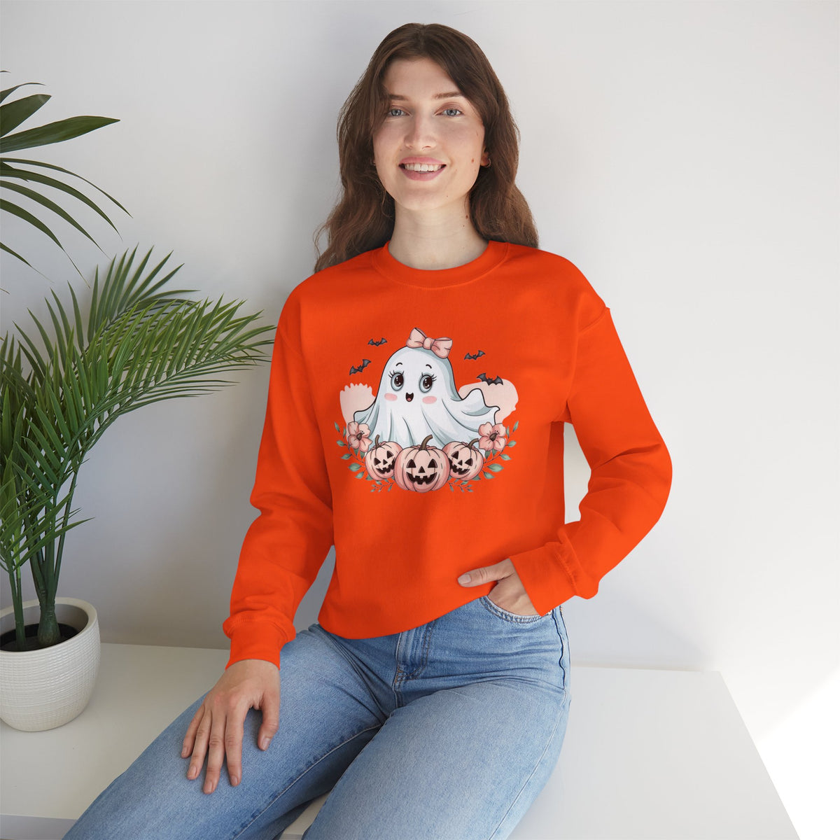 ORVIAN — Pink Halloween Coquette Ghost Crewneck, Bow & Pumpkin Unisex Heavy Blend