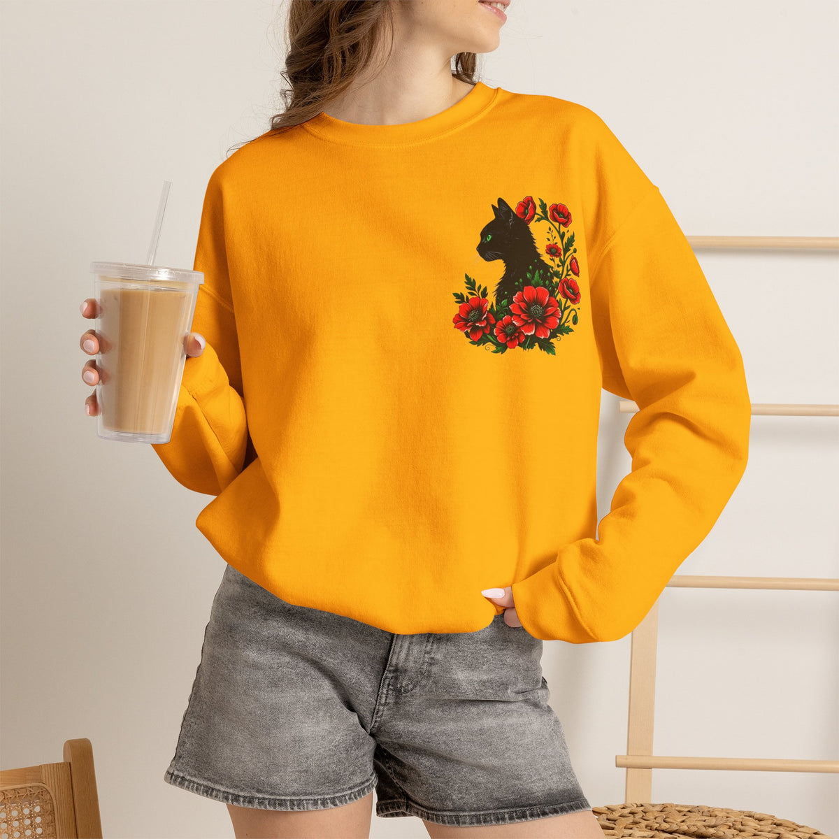 ORVIAN — Black Cat & Red Poppies Floral Crewneck, Elegant Nature Unisex Heavy Blend