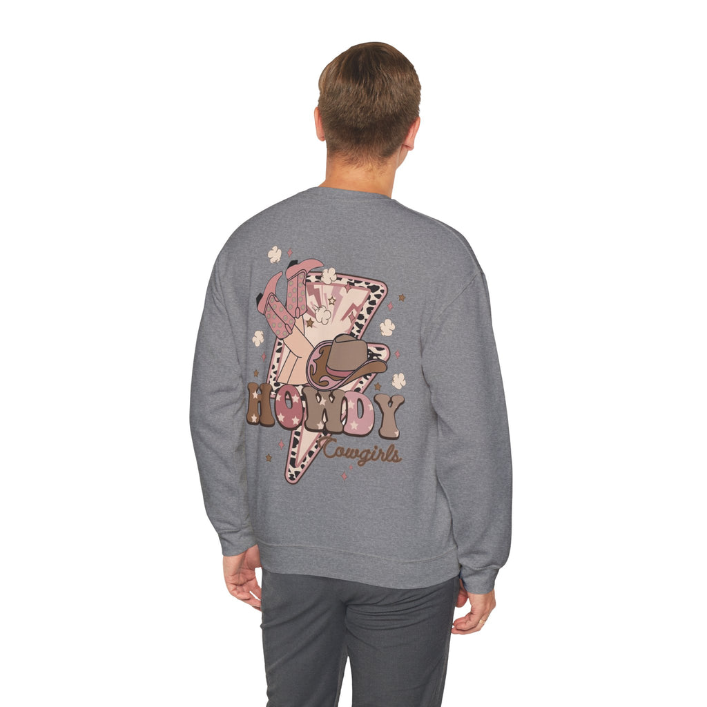 ORVIAN — Howdy Cowgirls Western Crewneck, Leopard Lightning Bolt & Cowgirl Boots Unisex Heavy Blend
