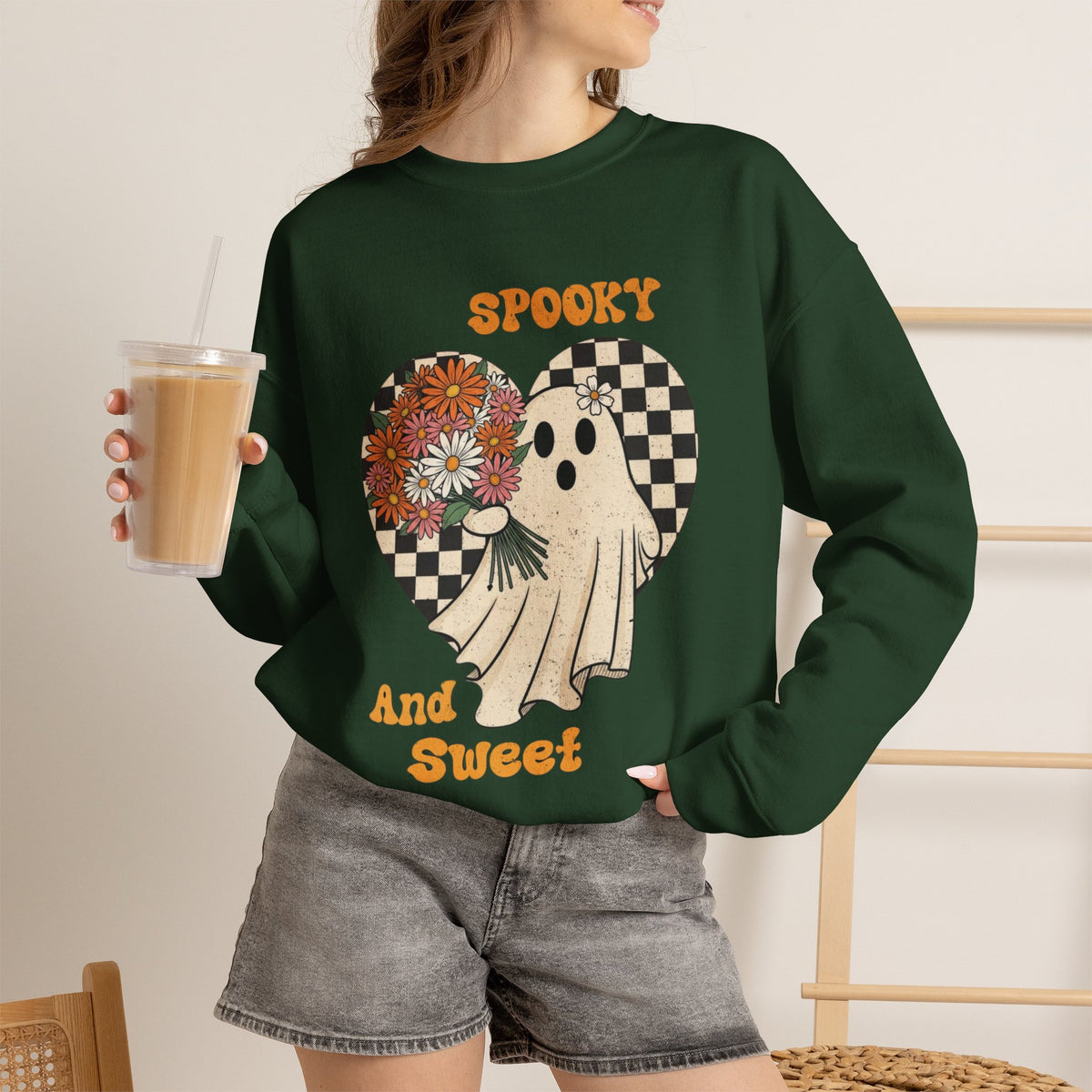 ORVIAN — Spooky & Sweet Ghost Crewneck, Coquette Bow Heart Halloween Unisex Sweatshirt