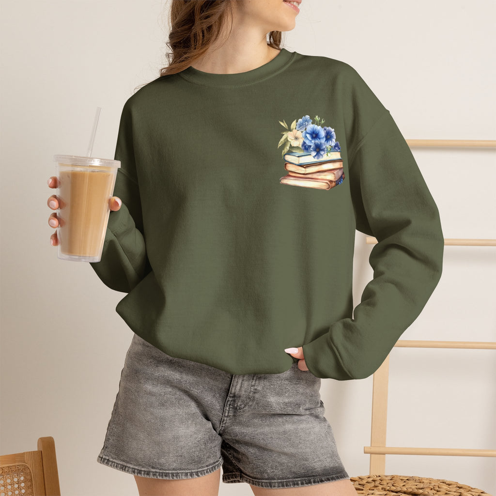 ORVIAN — Blue Watercolor Floral Book Crewneck, Open Book Wildflower Literary Unisex Heavy Blend