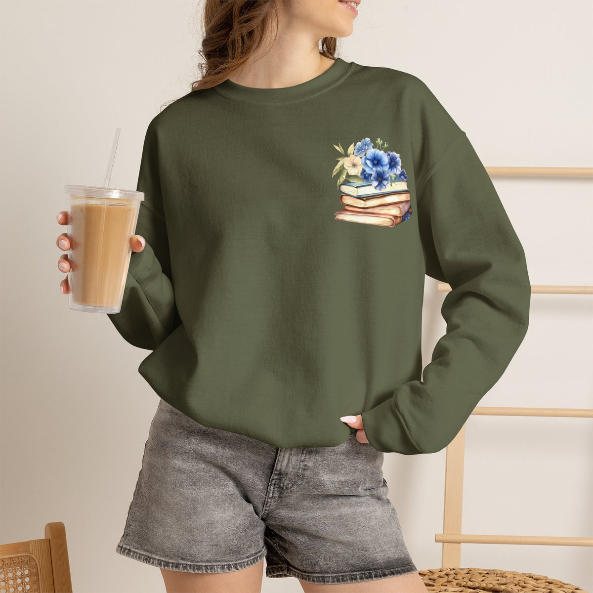 ORVIAN — Blue Watercolor Floral Book Crewneck, Open Book Wildflower Literary Unisex Heavy Blend