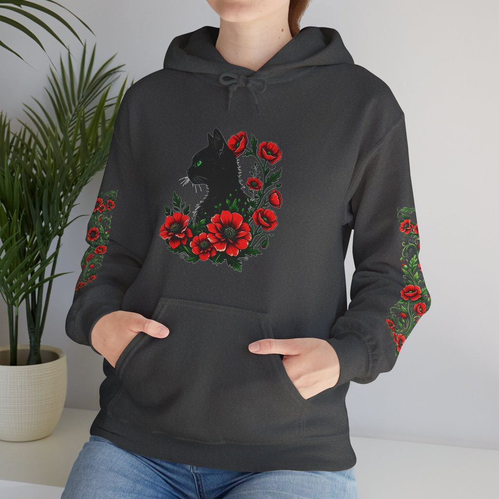 ORVIAN — Black Cat & Red Poppies Unisex Heavy Blend Hoodie