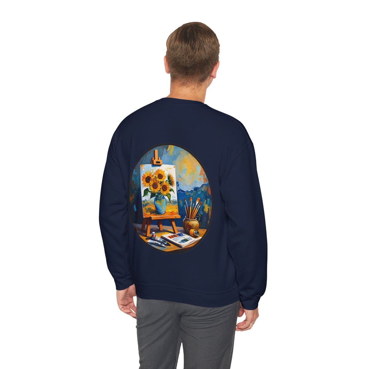 ORVIAN — Van Gogh Starry Night Sunflower & Artist Easel Crewneck, Art-Inspired Sweatshirt