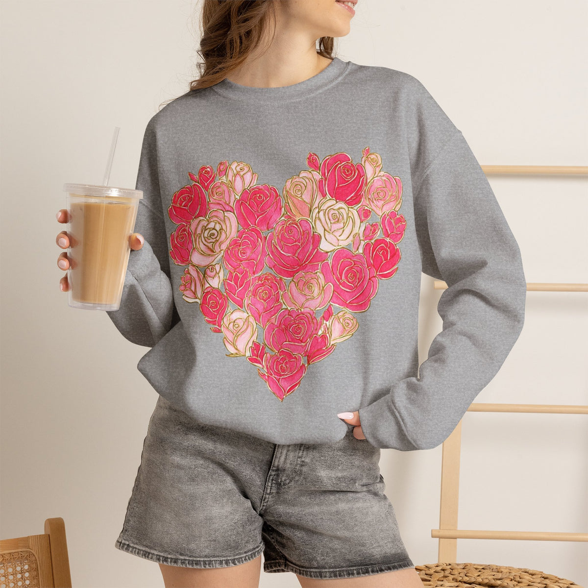 ORVIAN — Floral Rose Heart Crewneck, Romantic Pink Flower Valentine Sweatshirt, Unisex Heavy Blend