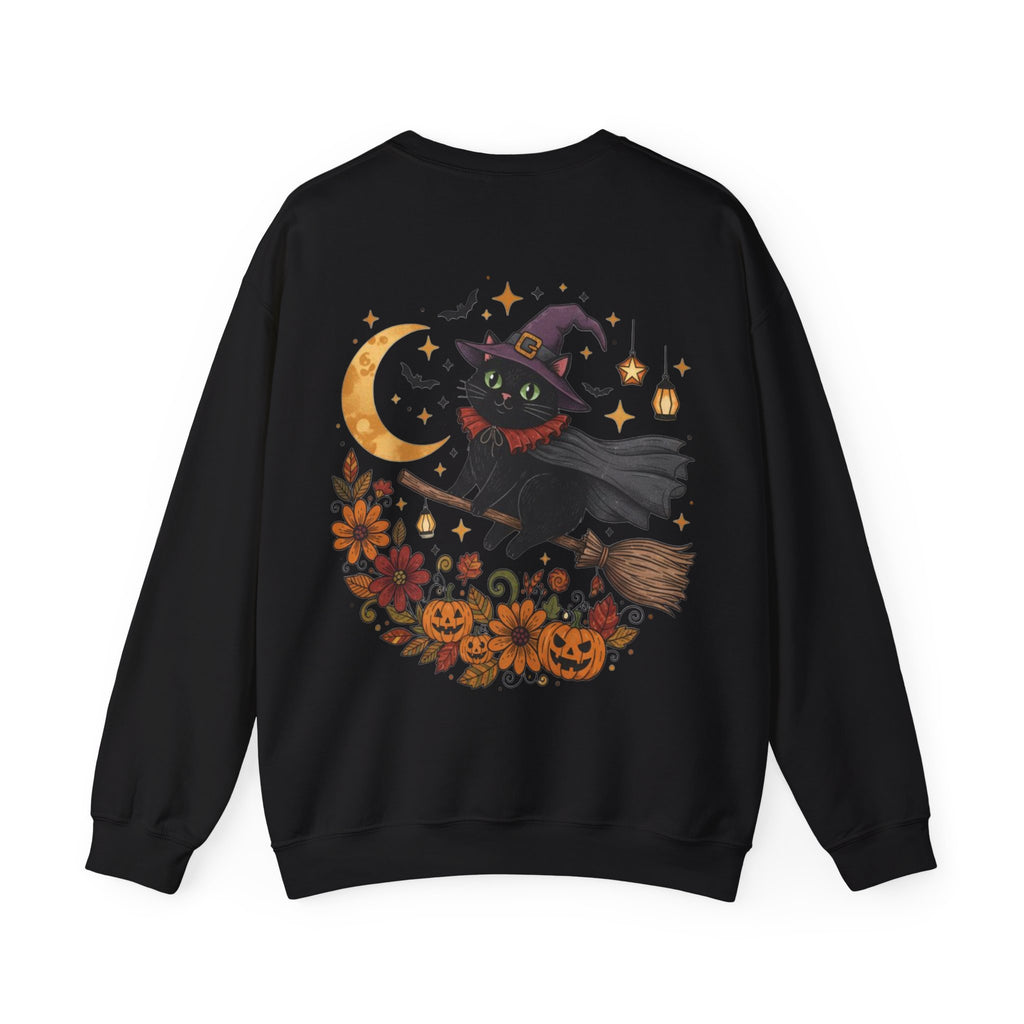 ORVIAN — Witch Cat Halloween Crewneck, Flying Black Cat & Pumpkin Patch Unisex Sweatshirt