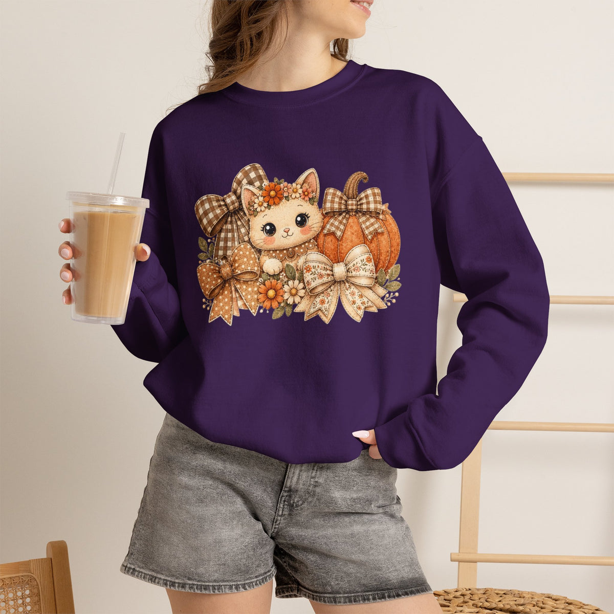 ORVIAN — Fall Kitten & Coquette Ghost Crewneck, Gingham Pumpkin Autumn Unisex Heavy Blend