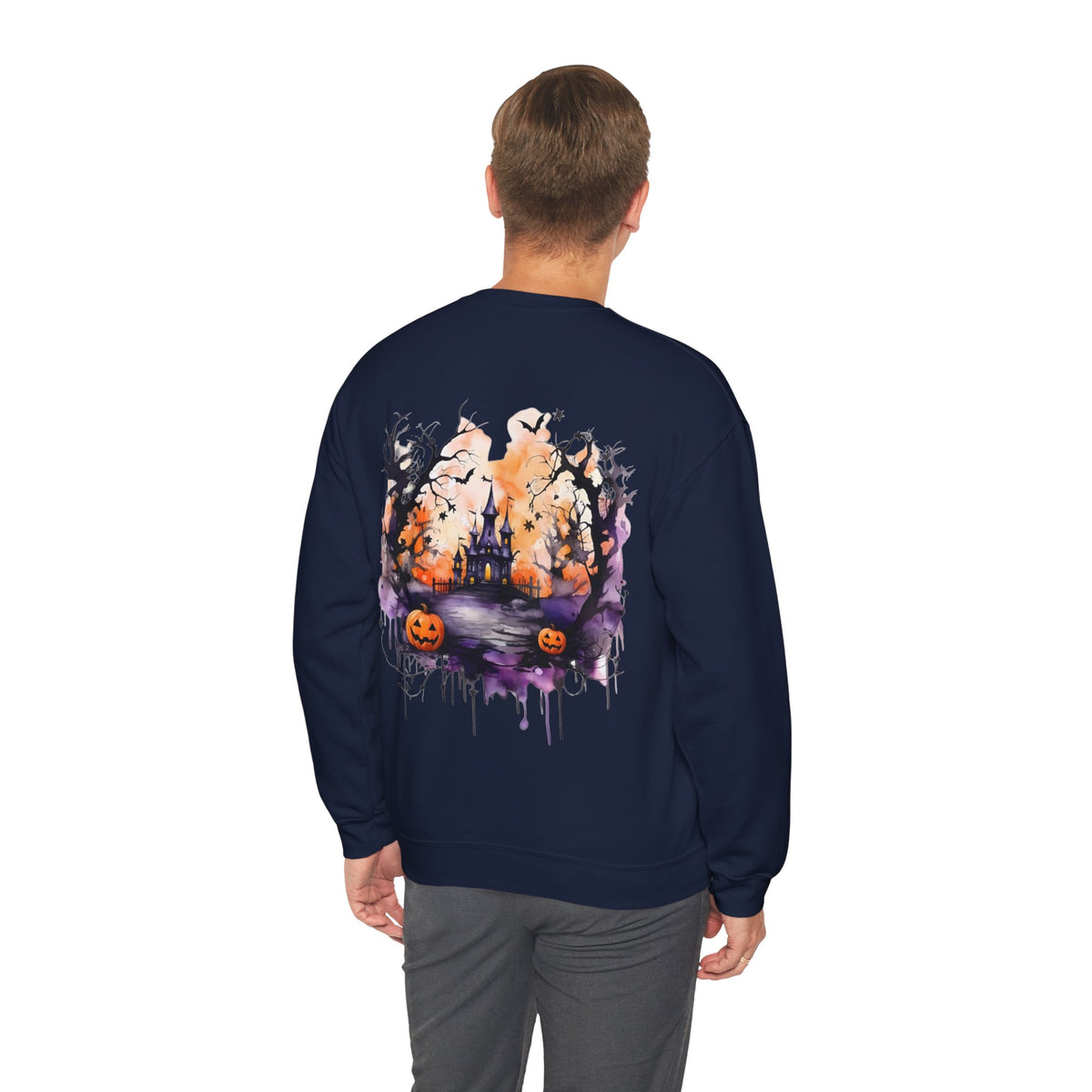 ORVIAN — Watercolor Haunted Castle Halloween Crewneck, Purple Jack-o'-Lantern Unisex Heavy Blend